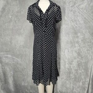 Madison Leigh Womens 6 Blk White Polka Dot Sheer Ruffle Button Front Midi Dress